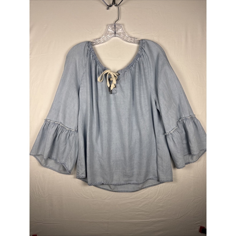 Sanctuary Womens XL Blue Peasant Blouse Boho Tie Neck Bell Sleeve See Descriptio